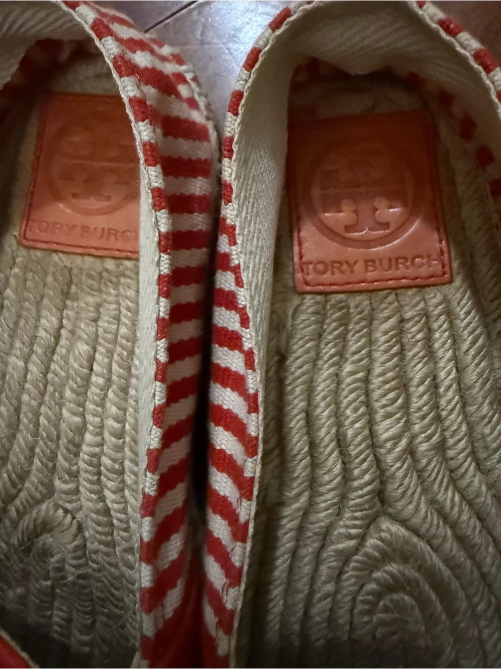 Tory Burch Red and White Striped Espadrille Flats with Gold Logo